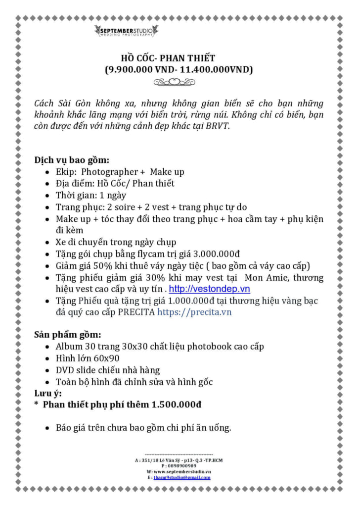 Bảng giá chụp hình cưới ở Hồ Cốc