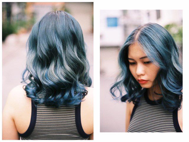 Tông xanh đen kết hợp xu hướng tóc uốn 2018– lượn sóng đem đến vẻ đẹp lạ.